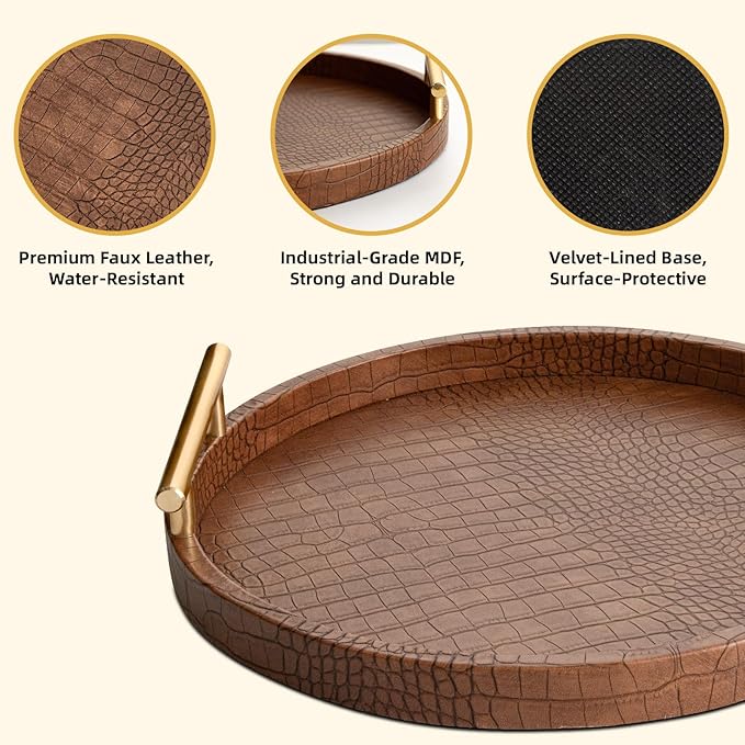 Modern Decorative Serving Tray, Set of 2 Modern Crocodile Leather Round Trays with Polished Metal Handles, Decorative Trays Coffee Table Tray Ottoman Platter for Home Decor (Brown)