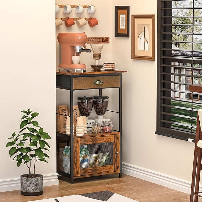X-cosrack Coffee Bar Station, 3-Tier Small Coffee Stand Station with Storage, Farmhouse-Style Kitchen Microwave Stand Featuring 1-Door Cabinet Ideal for Living Room, Entryway, Kitchen