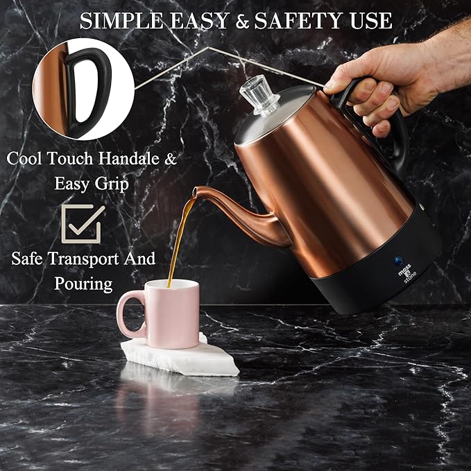 Moss & Stone 10 Cup Copper Percolator Coffee Pot Electric, Stainless Steel Coffee Percolator Electric With Keep Warm Function, Classic Perculator Pot With Removable Basket for Home or Office