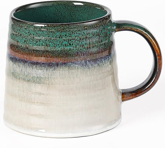 Large Ceramic Coffee Mug, Handmade Pottery Mugs, Tea Cups with Big Handle for Office and Home, 15.5 oz, Dishwasher and Microwave Safe (Ink Green)