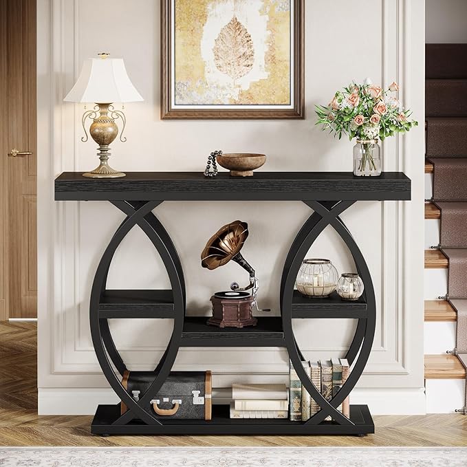 Tribesigns 39.4" Console Table, Industrial 4-Tier Sofa Table Entryway Table with Storage Shelves, Narrow Wood Accent Tables with Metal Frame for Small Spaces, Hallway, Foyer, Black