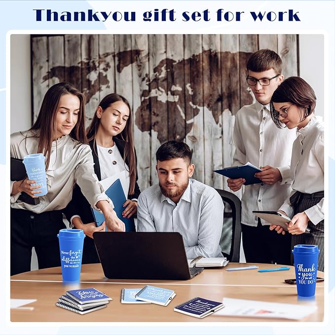 Skylety 12 Set/48 Pcs Employee Appreciation Gifts Bulk Christmas Thank You Gift Set 16 oz Coffee Cups Mini Spiral Notebooks Pens Keychains for Staff Team Teacher Coworker (Blue Gradient)