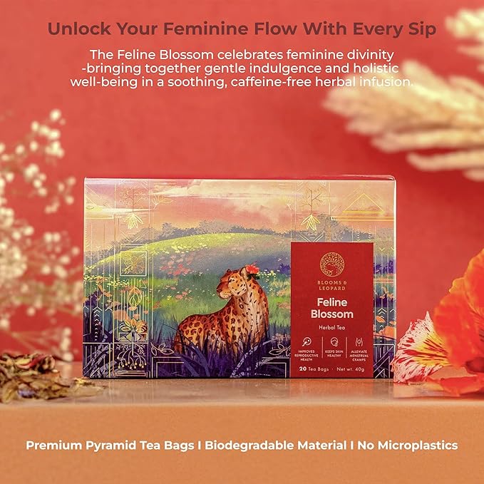 Blooms & Leopard Premium Herbal Tea Bags – Feline Blossom Blend with Hibiscus, Licorice, Fennel, Tulsi & Shatavari – Caffeine-Free Tea – 20 Pyramid Tea Bags, Caffeine-Free for Hot or Iced Tea