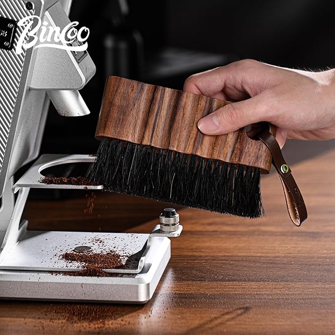 Bincoo Coffee Brush with Cleaning Cloth - Wooden Handle Cleaning Brush for Grinders, Espresso Machines & Countertops, Reusable Barista Tool with Hanging Hook for Coffee Grounds Removal
