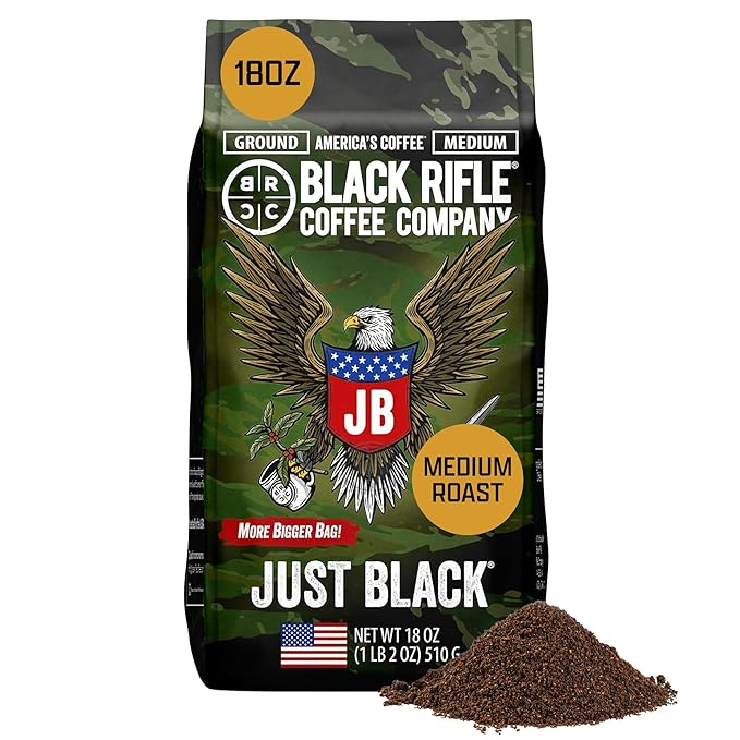 Black Rifle Coffee Company Just Black, 18oz Bag, Ground Coffee Medium Roast - Roasted Blend Made from Arabica Beans - Colombian & Brazilian Beans - Veteran Founded & American Made