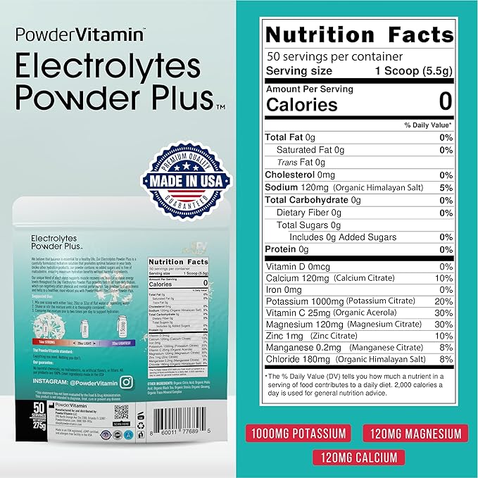 PowderVitamin Electrolytes Powder Plus (50 Servings) Black Tea Ginseng Electrolyte Powder Keto, Sugar Free, Pink Himalayan Salt,1000mg Potassium,120mg Calcium,120mg Magnesium, Hydration Powder