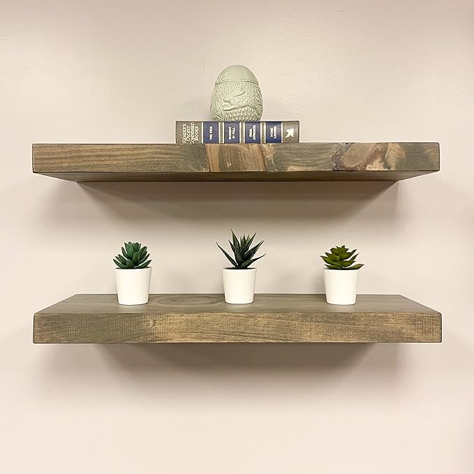 URBANDI, Rustic Floating Shelves, Set of 2, Hidden Bracket, Solid Wood, Heavy Duty, Wall Mounted Shelves, (Grey, 36Wx12D)