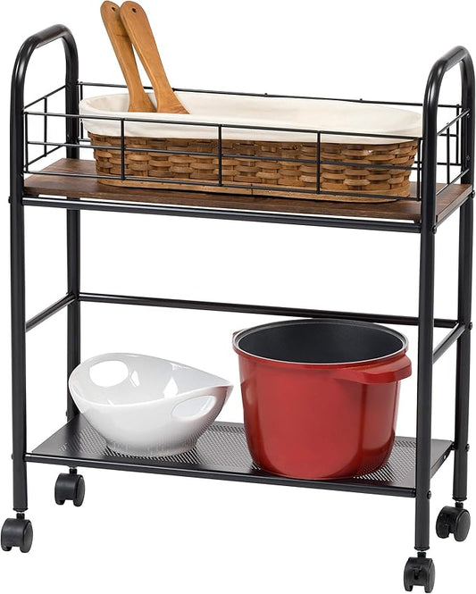 IRIS USA 2-Tier Kitchen Storage Rolling Cart with Lockable Caster Wheels, Coffee Station, Pantry Rack, Home Bar, Serving Cart, Slim, Rustic Brown