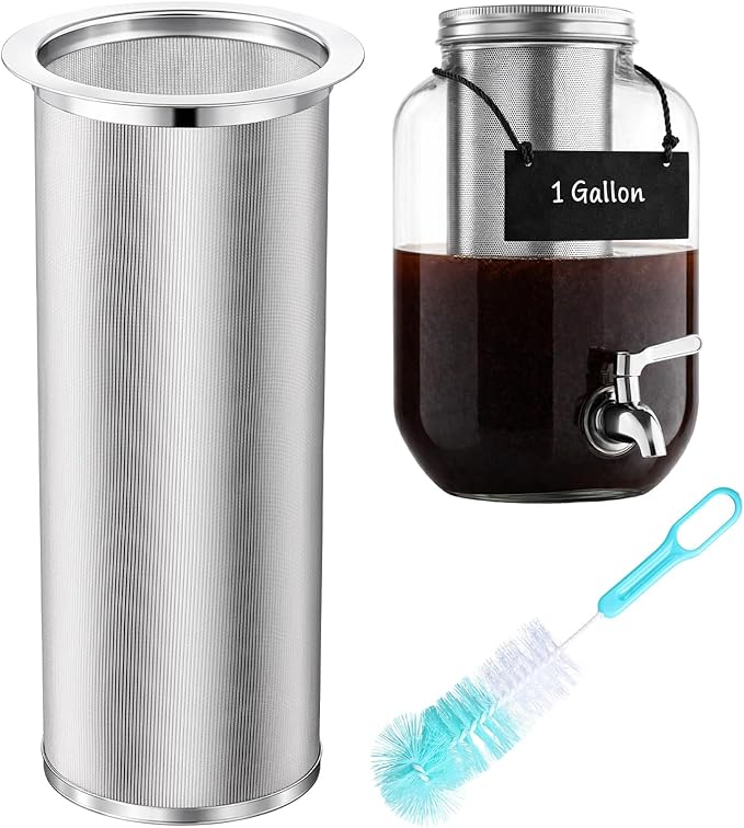 Acellegic Cold Brew Coffee Filter with Brush for 128 Oz/4 Quart Wide Mouth Mason Jar Infuser 304 Stainless Steel Strainer Food Grade Filter with Sealing Ring for Iced Drink Fruit Tea Coffee Maker