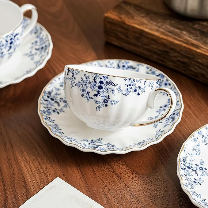 ceramic tea cups and saucers 6oz,floral tea cups for Coffee, Latte, Cafe Mocha and Tea (Little Blue Flowers)