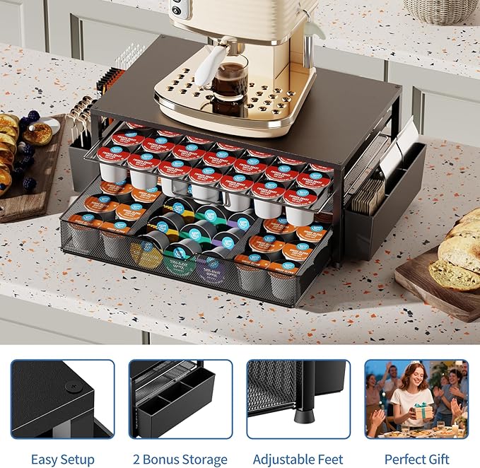 K Cup Holder Organizer, 2-Tier Coffee Pod Holder for 63 Large/80 Small Capsules with Storage Drawer & 2 Accessory Holders, Kcup Organizer for Countertop Coffee Station in Kitchen, Office, Coffee Bar