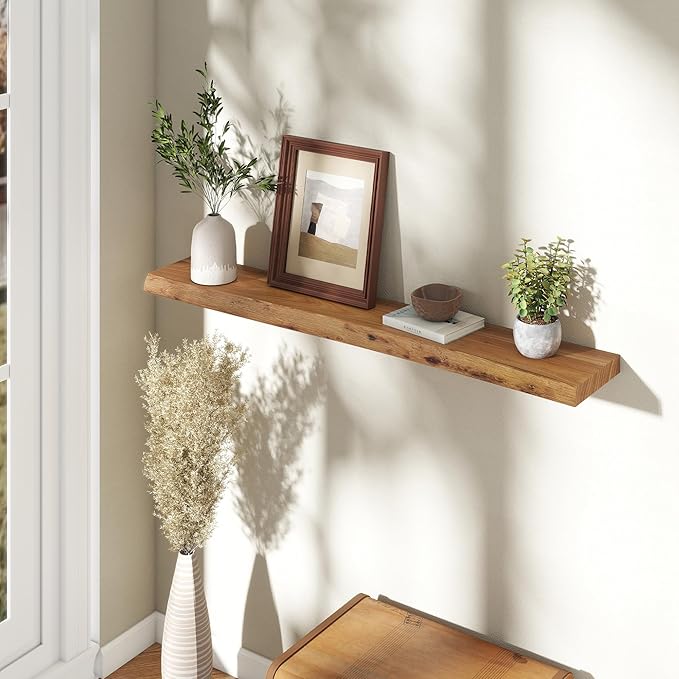 Rustic Elm Wood Floating Shelves 48 Inch, Wall Mounted Live Edge Floating Shelf for Bathroom Living Room Kitchen, Long Wooden Wall Shelves with Heavy-Duty Bracket for Books Decor Storage, Natural