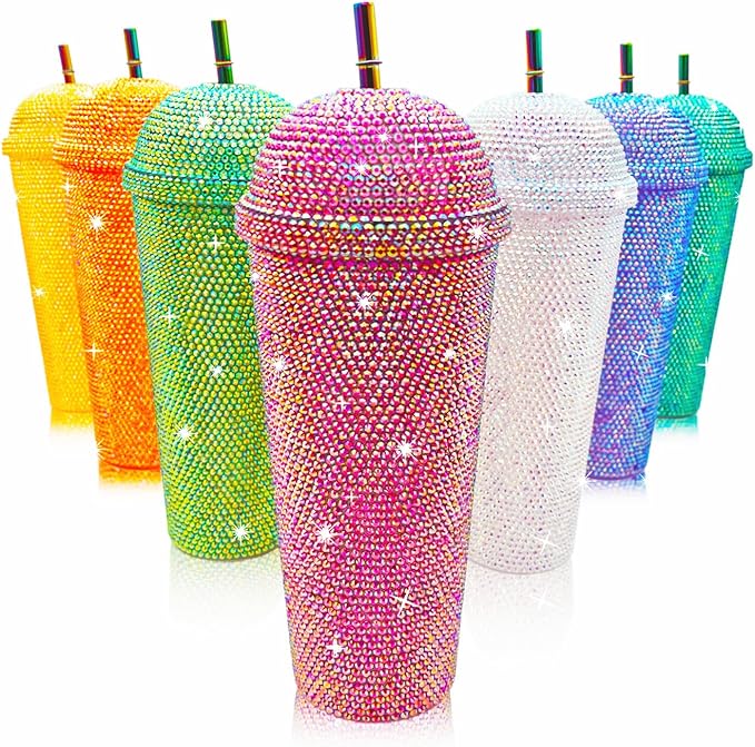 24oz Bling Cup Handmade Rhinestones Studded Tumbler Double Wall Insulated Plastic Reusable Water Bottle with Lid and Straws for Home Office Party Beach(Deep Green)