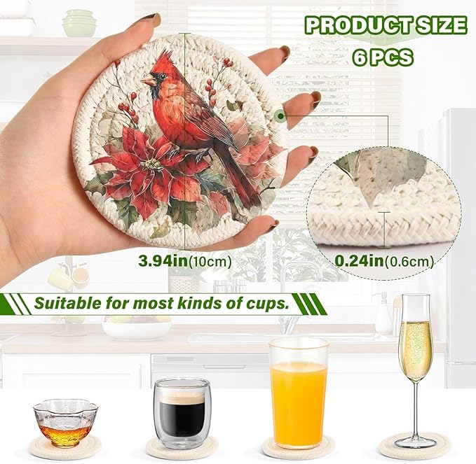 Christmas Coasters with Holder Red Cardinals Bird Poinsettia Coasters Set of 6 Cotton Woven Absorbent Cup Coaster Xmas Holiday Party Table Decor 4 Inches