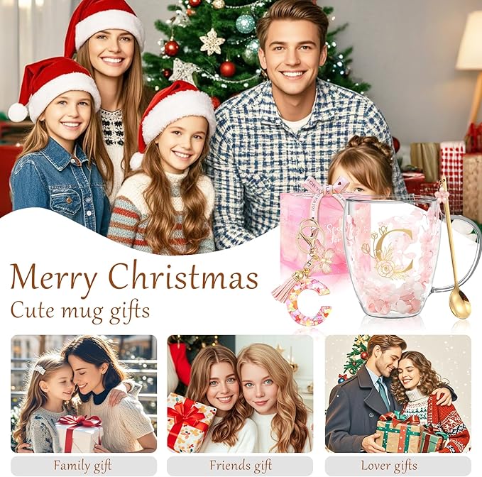 Personalized Gifts for Women Flower Double Wall Glass Coffee Mug Initial Tea cup Monogrammed Customized Bridesmaid Bride Wedding Gift Graduation Gifts Valentine Mother's Day Birthday Christmas Gift(C)