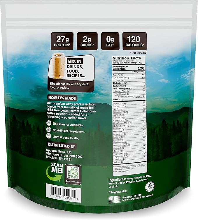 Opportuniteas Grass Fed Coffee Whey Isolate Protein Powder – 27 g Protein per Serving, Heavy-Metal Tested, Made with Real Colombian Coffee, Non-GMO, Hormone-Free, Sourced from Ireland, 2.5 lb