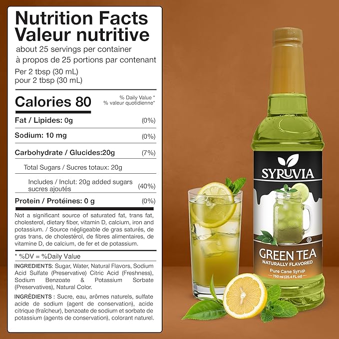Syruvia Green Tea Flavored Syrup for Drinks, Cocktails, Lemonades, Iced Teas and Desserts – 25.4 fl oz, With Pump