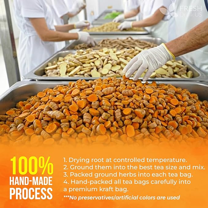 FreshDrinkUS, Premium 85 Ginger Turmeric Tea Bags, 100% Natural Ingredients, Hand-made Blend of Ginger and Turmeric Herbal Tea, Eco-conscious Tea Bags. No Sugar, No Caffeine, No Gluten, Vegan.