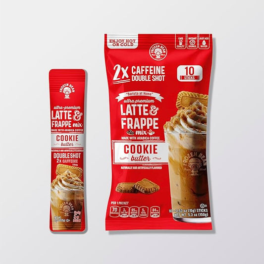 The Frozen Bean Cookie Butter Frappe & Latte Instant Mix (10 Sticks), Made with Arabica Coffee, Double Shot Caffeine, Low Sugar & Premium Ingredients, Hot, Iced, or Blended Drinks