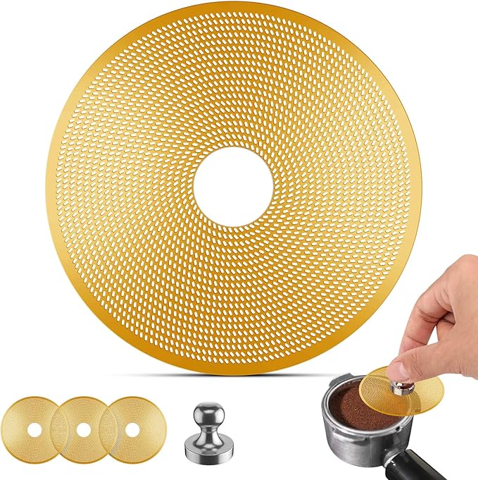 3 Pcs 58mm Espresso Puck Screen with Round Hole in the Middle - 0.2mm Ultra Thin Espresso Puck, Stainless Steel Reusable Coffee Filter, Suitable for La Marzocco/Gaggia (Golden)