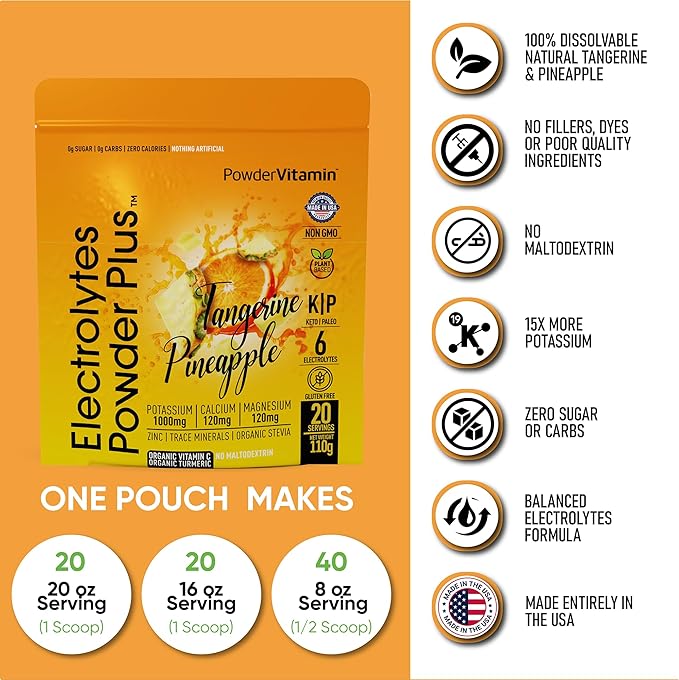 PowderVitamin Electrolytes Powder Plus (20 Servings) Tangerine Pineapple Electrolyte Powder Zero Calorie Keto,0Sugar,No Maltodextrin,1000mg Potassium,120mg Calcium,120mg Magnesium, Pink Himalayan Salt