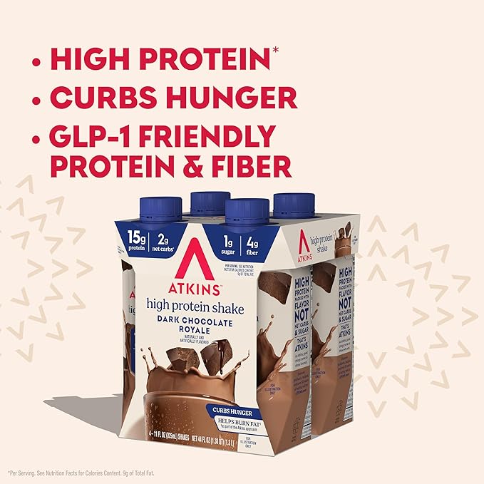 Atkins Dark Chocolate Royale Protein Shake, High Protein Shakes, Low Glycemic, Low Carb and Low Sugar Chocolate Flavored Protein Shakes, Keto Friendly, 12 Count