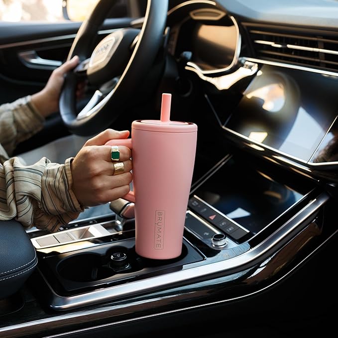 BrüMate Era 20 oz Tumbler with Handle and Straw | 100% Leakproof Insulated Tumbler with Lid and Straw | Made of Stainless Steel | Cup Holder Friendly Base | 20oz (Neon Pink)