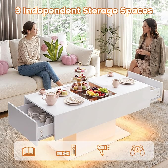 LED Coffee Table, 44" 3-Drawers Modern Coffee Table with Storage and Charging Station, for Living Room, White