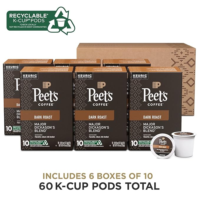 Peet's Coffee, Dark Roast Keurig K-Cup Pods, 100% Arabica Coffee - Major Dickason's Blend 60 Count (6 Boxes of 10 K-Cup Pods)