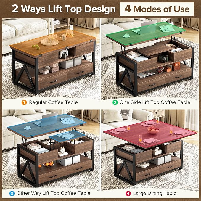 40" Lift Top Coffee Table,4 in 1 Multi-Function Lift Coffee Tables with Storage Drawers and Hidden Compartmen,Farmhouse Coffee Table with Lifting top for Living Room, Walnut
