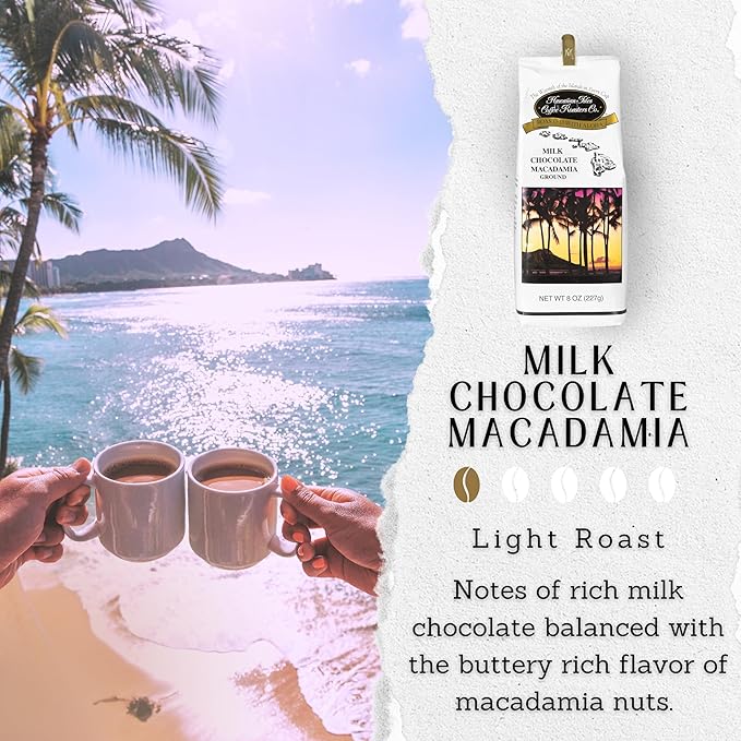 Hawaiian Isles Coffee Milk Chocolate Macadamia Flavored, Light Roast Ground Coffee, Roasted with Aloha - 8 Ounce Bag