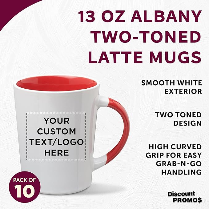 Custom Ceramic Latte Coffee Mugs by Albany 13 oz. Set of 10, Personalized Bulk Pack - Perfect for Coffee, Tea, Espresso, Hot Cocoa, Other Beverages - Red