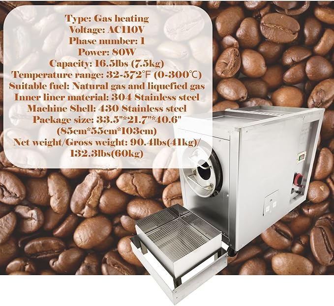 Commercial Automatic Gas Roaster Machine (0-300℃) 16.5LBS Stainless Steel Nut Roaster for Coffee Beans, Peanuts, Almonds 110V 1PH 80W