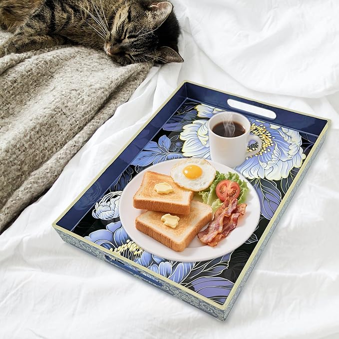 Serving Tray with Handles, 15.7 * 11.8 inches, Plastic Ottoman Tray with Exquisite Paintings, Trays for Coffee Table