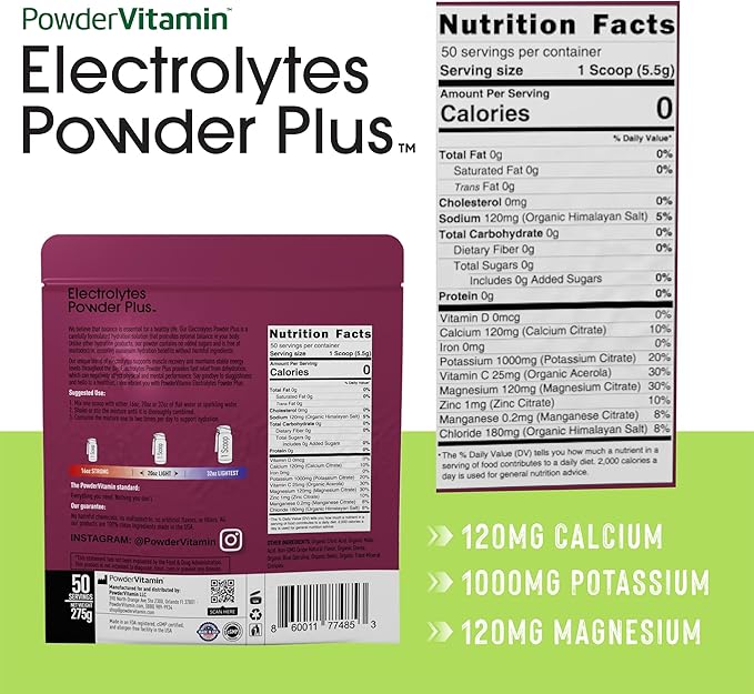 PowderVitamin Electrolytes Powder Plus (50 Servings) Grape Electrolyte Powder Zero Calorie Keto, 0 Sugar, No Maltodextrin,1000mg Potassium,120mg Calcium,120mg Magnesium, Hydration Powder