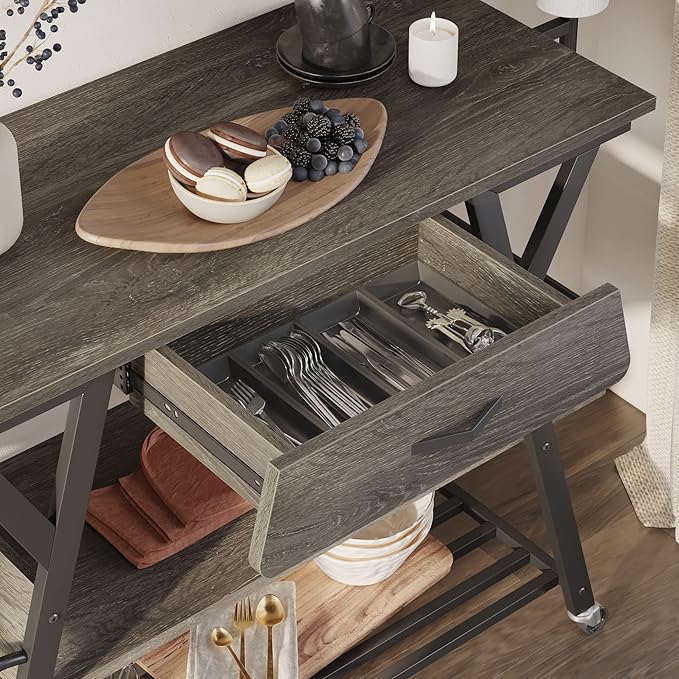 Bestier Coffee Cart Station, 48" W Coffee Bar Table with Storage Drawer, Mobile Kitchen Island on Lockable Wheels, Coffee Bar Cart with Paper & Towel Holder for Dinning Room Living Room, Gray