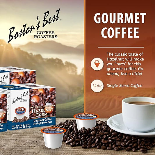 Boston’s Best - Hazelnut Creme Flavored Coffee, Delicious Gourmet Compatible with Keurig Coffee Maker, 1 Count (144 Single Serve Cups)