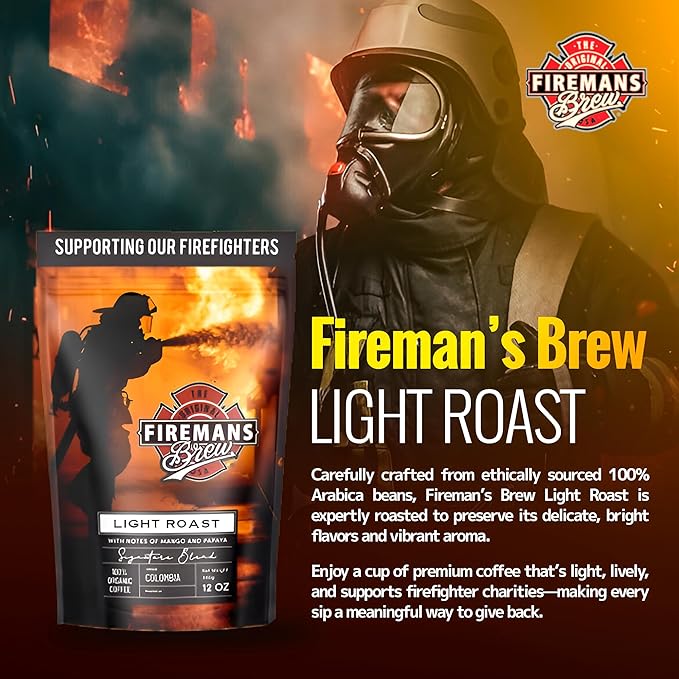 Firemans Brew Light Roast Coffee – Bold & Robust Ground Coffee – 100% Arabica Beans, Rich, Full-Bodied Flavor – Freshly Roasted Gourmet Coffee – Low Acid, Small Batch Coffee – Supports Firefighter Causes