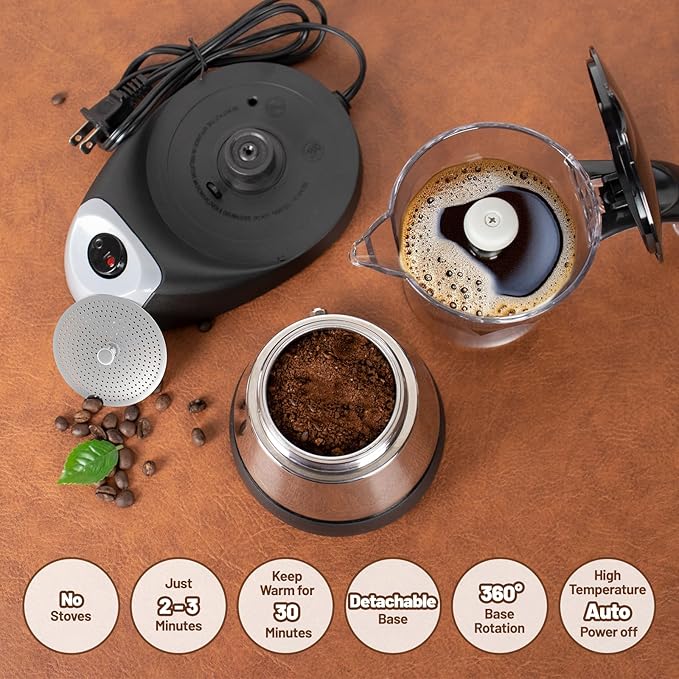 Electric Moka Pot 6 Cup 300ml Plastic Transparent Stovetop Espresso Maker Portable Stainless Steel Mocha Pot Percolator Italian Coffee Makers Greca Machine Cafe Classic for Home Camping
