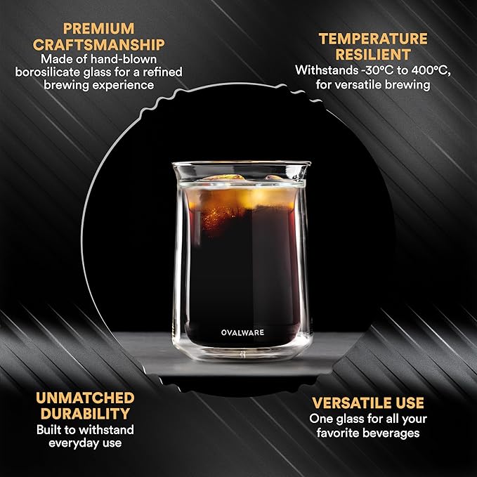 ovalware Double Wall Single Lip Insulated Glass Cup, Set of 2 (12oz / 350ml) - Borosilicate Glass For Coffee, Tea, Whiskey, Cocktails & All Beverages - Minimalistic & Durable Double-Wall Drinking Mug