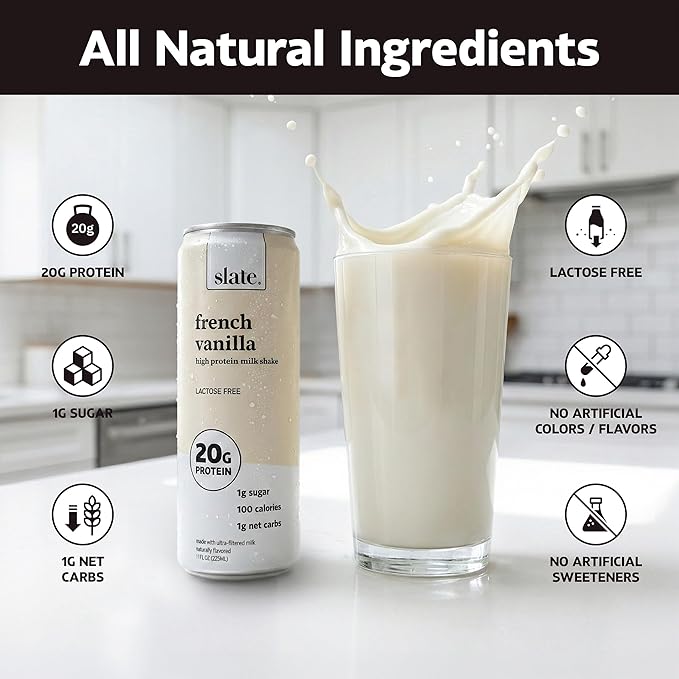 Slate Milk - High Protein Milk Shake - French Vanilla - Lactose Free, 20g Protein, 1g Sugar, 100 Calories, 1g Net Carbs, No Added Sugar - Natural, Breakfast Boost, Post Workout - 11 fl oz, 12 Cans