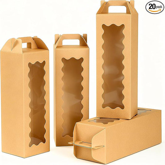 Hzzycaxli 20Pcs Tumbler Gift Box with Handle for 18oz 20oz 30oz Sublimation Glass,Cup boxes for packaging 16oz,water bottle gift boxes,Tumbler Packaging Boxes with window for gifts（Brown）