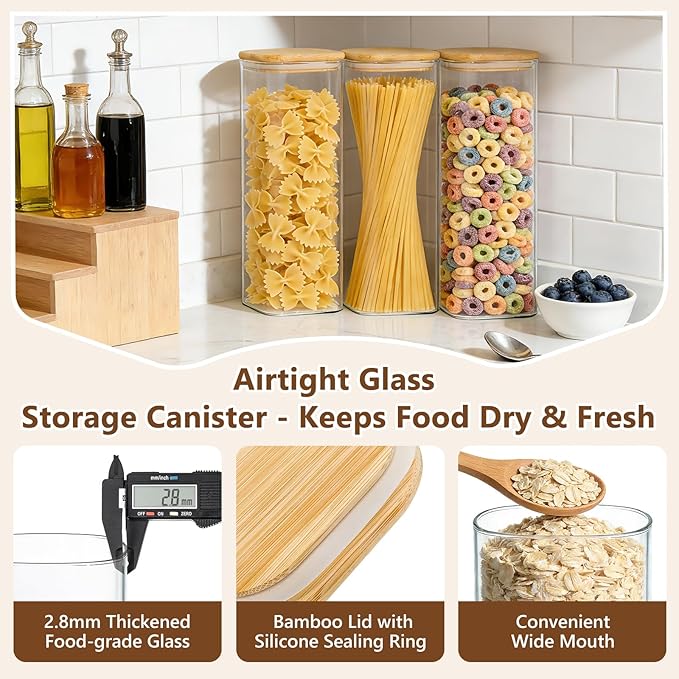 KEYWING 72oz Glass Spaghetti Pasta Storage Containers with Lids, 3-Pack Tall Square Airtight Food Jars for Pantry Noodles Flour Oats Cereal Sugar Beans