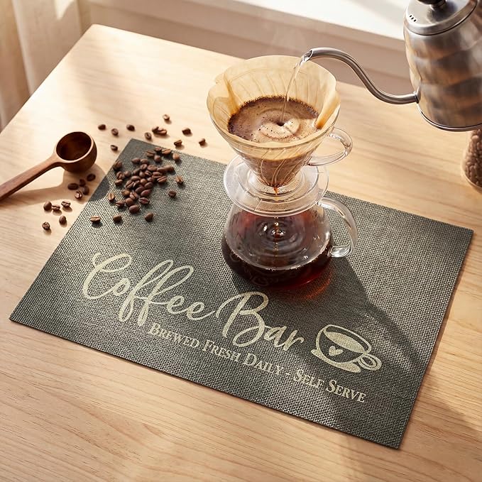 Artoid Mode Coffee Bar Mat Set of 2, Plastic Vinyl Washable Woven Non-Slip Table Mats for Coffee Machine Decor,Dark Gray