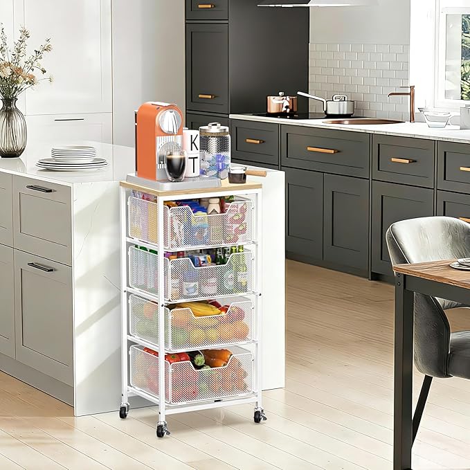 Rolling Cart with Drawers, 4-Tier Utility Cart Storage Organizer with Lockable Wheels, Metal Craft Storage Cart with Wooden Top for Kitchen, Bathroom, School, Studio, Office, Bedroom, White