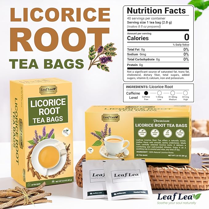 LeafLea 80 Licorice Root Tea Bags, Pure Licorice Spice Tea, Naturally Sweet, Te De Regaliz Herbal Gently Supports Relaxation and Digestive Comfort, Nutrient-Rich, Vegan, Sugar- free, Caffeine Free