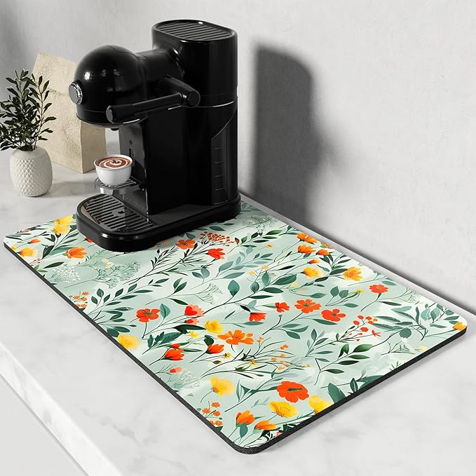 Rnivvi Coffee Mat, 12" x 19" Cute Coffee Bar Mats for Espresso Machine Station Accessories and Organizer, Hide Stain Rubber Backed Absorbent Dish Drying Pad for Kitchen Counter, Abstract Flowers