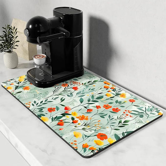 Rnivvi Coffee Mat, 12" x 19" Cute Coffee Bar Mats for Espresso Machine Station Accessories and Organizer, Hide Stain Rubber Backed Absorbent Dish Drying Pad for Kitchen Counter, Abstract Flowers