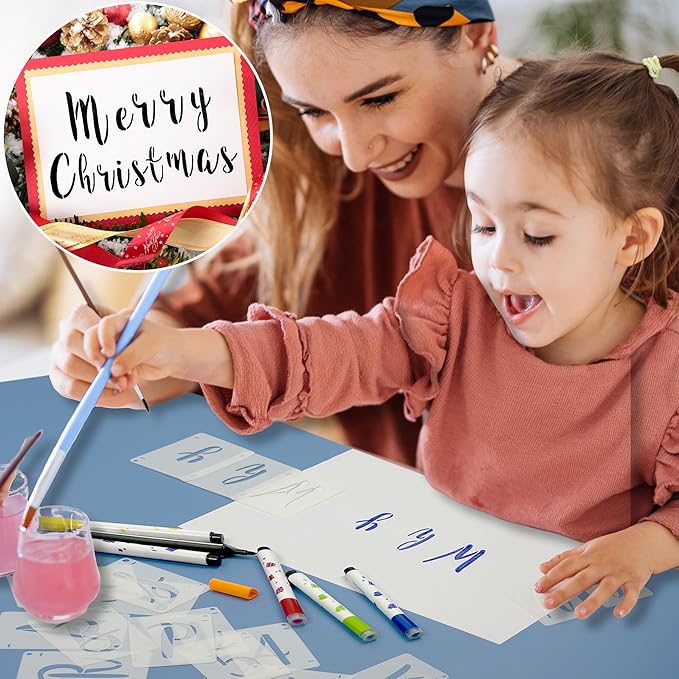Letter Stencils Interlocking Stencil Kit Reusable Boutique Calligraphy Stencil Includes Upper and Lowercase Letters Numbers Symbol for Painting on Wood,Wall,Fabric,Glass,Paper(2 Inch)