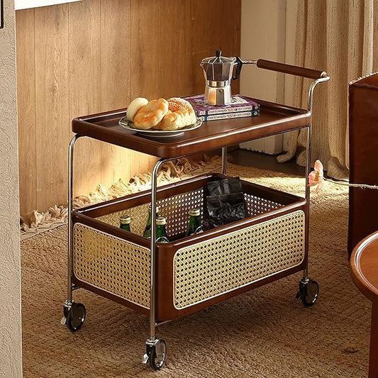 Mid Century Solid Wood Side Table,Rolling Cart,2 Tier Small End Table with Wheels,Mobile Side Table with Breathable Storage Basket,Suitable for Living Rooms,Kitchens,Bedrooms (Brown B)